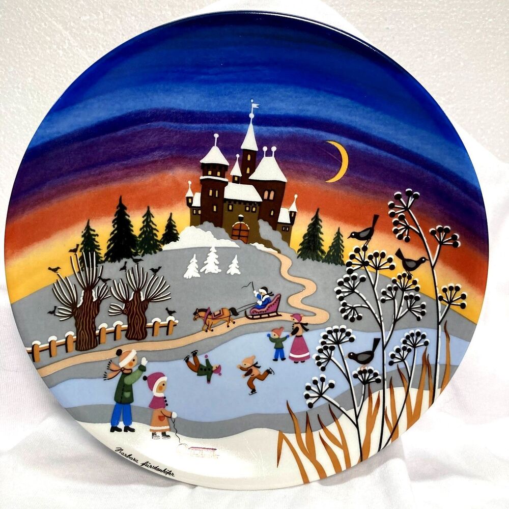 Barbara Furstenhofer Porcelain Plate Winter Night Scene Signed Art Collectible